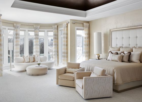 Serenity, peace and pure luxe were our goals for this master bedroom. We achieved it with a tone-on-tone color palette, mixed textures and custom furnishings.