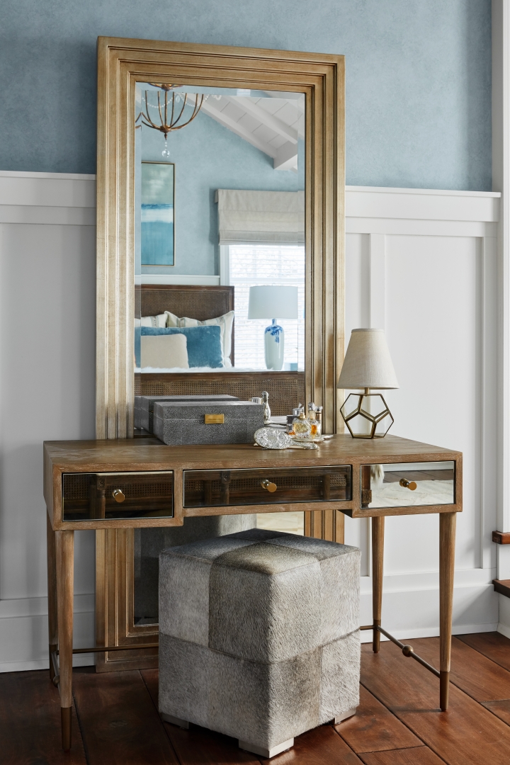 master bedroom dressing table, floor mirror, ottoman, table lamp, accessories, hair-on-hide ottoman