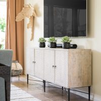 dining room, dining room chest, wall art, rug, wood floor, wall-mounted TV