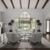 The living room has large arch window and desert interior design ideas like plush white furniture and spiky plants