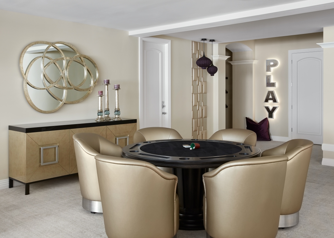 game room, game table, tub chairs, chest, mirror