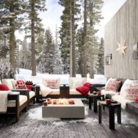 fireside sherpa throws, outdoor scene, Christmas scene, pine trees, snow, outdoor furniture