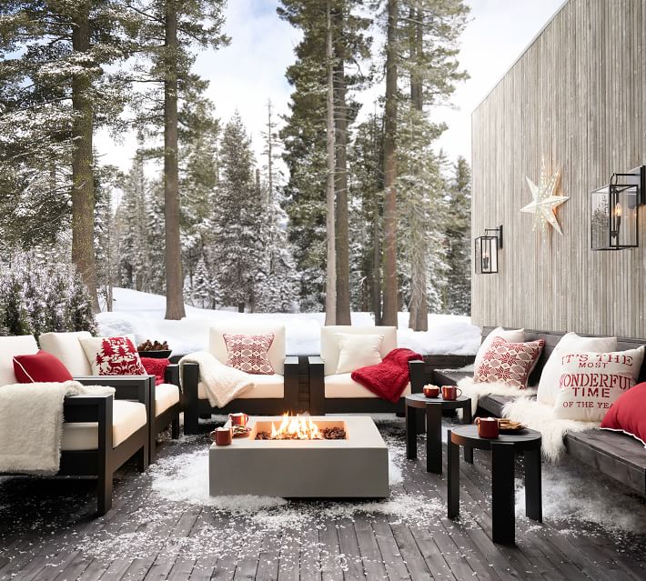 fireside sherpa throws, outdoor scene, Christmas scene, pine trees, snow, outdoor furniture