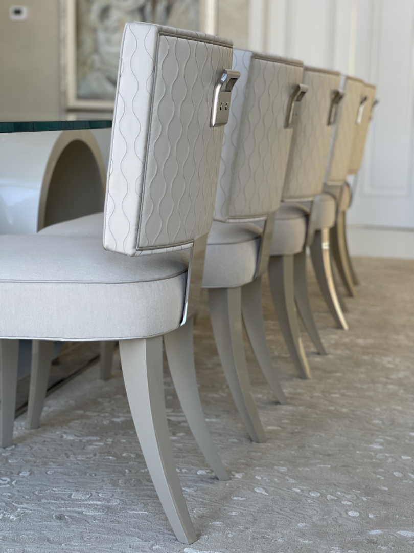 modern dining room chairs, white dining room chairs with curved legs, custom rug