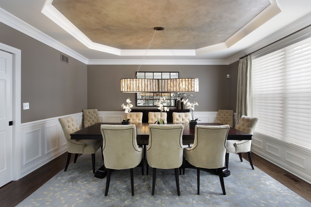 transitional dining room, transitional dining chairs, rectangular dining table, custom rug, specialty ceiling pain, oblong chandelier, greige walls, soft-white trim
